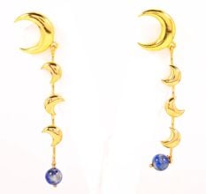Brass 18k Gold Plated Crescent Moon Dangle Earrings with Lapis Gemstone Gift Jewelry